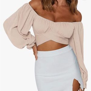 Off the Shoulder Long Sleeve Self Tie Knot Crop Tube Top Blouse in beige
